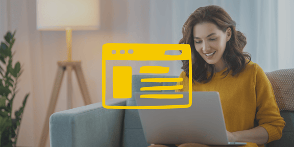 A woman is sitting on the sofa in front of a laptop. In the foreground is a yellow icon of a website layout.