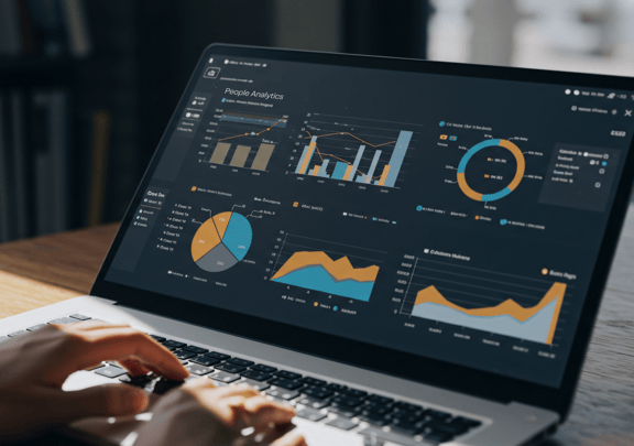 Laptopbildschirm mit People-Analytics-Dashboard voller Diagramme und Statistiken auf einem Laptop.